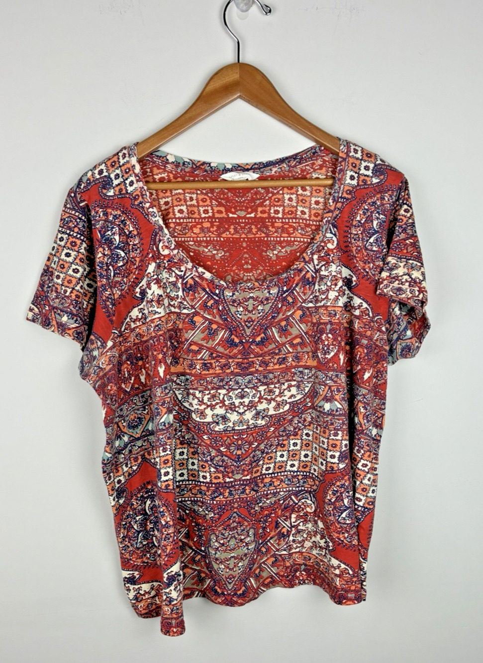 Lucky Brand 1X Rust Orange Paisley Medallion Boho Earthy Fall Top Plus Size